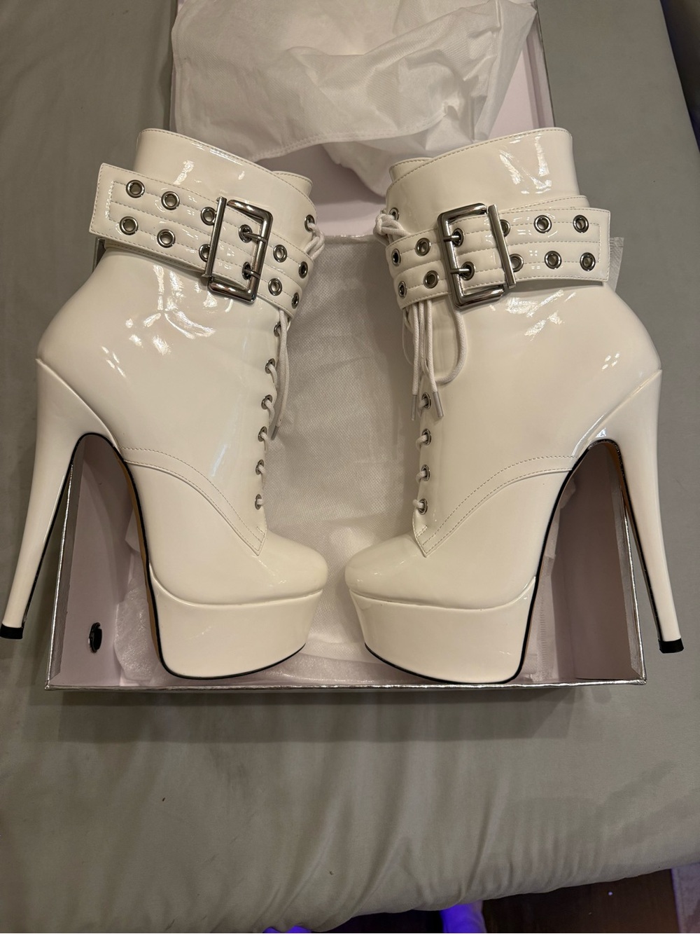 Aachcol-White Patent Platform Ankle Boots